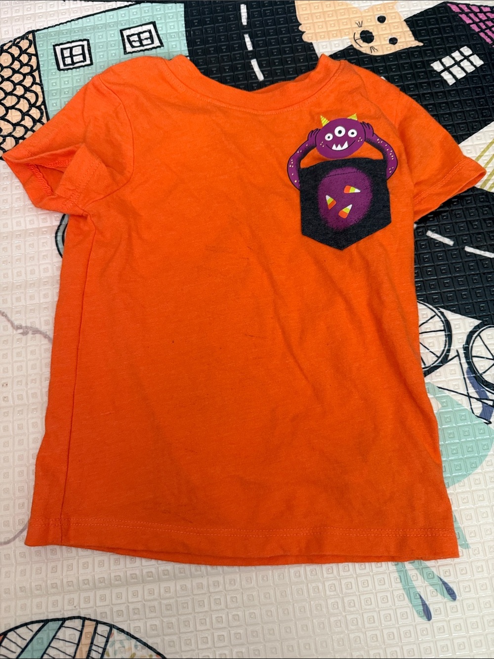 Cat & Jack Orange Short Sleeve Tee with Purple Monster Pocket